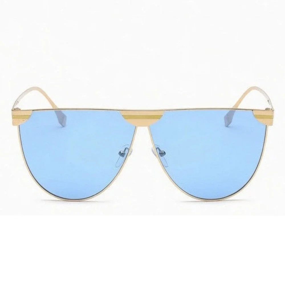 Womens‎ Oversized Sunglasses Gold Metal Frame Blue Tinted Lens Shield Lentes New